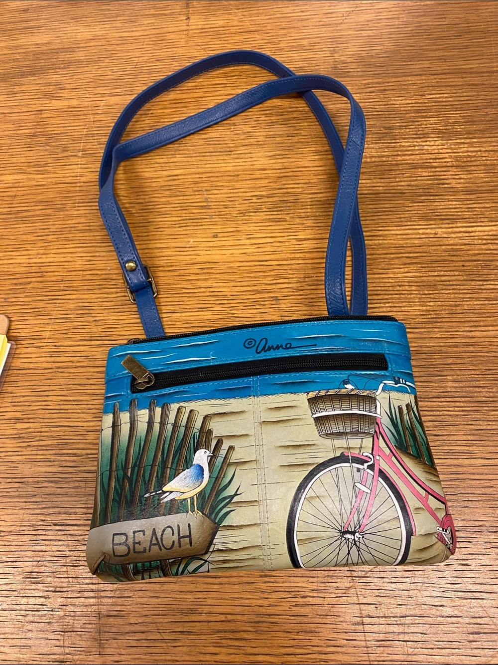 Anna Anuschka Blue and Pink Beach Bicycle Crossbody Bag Handpainted